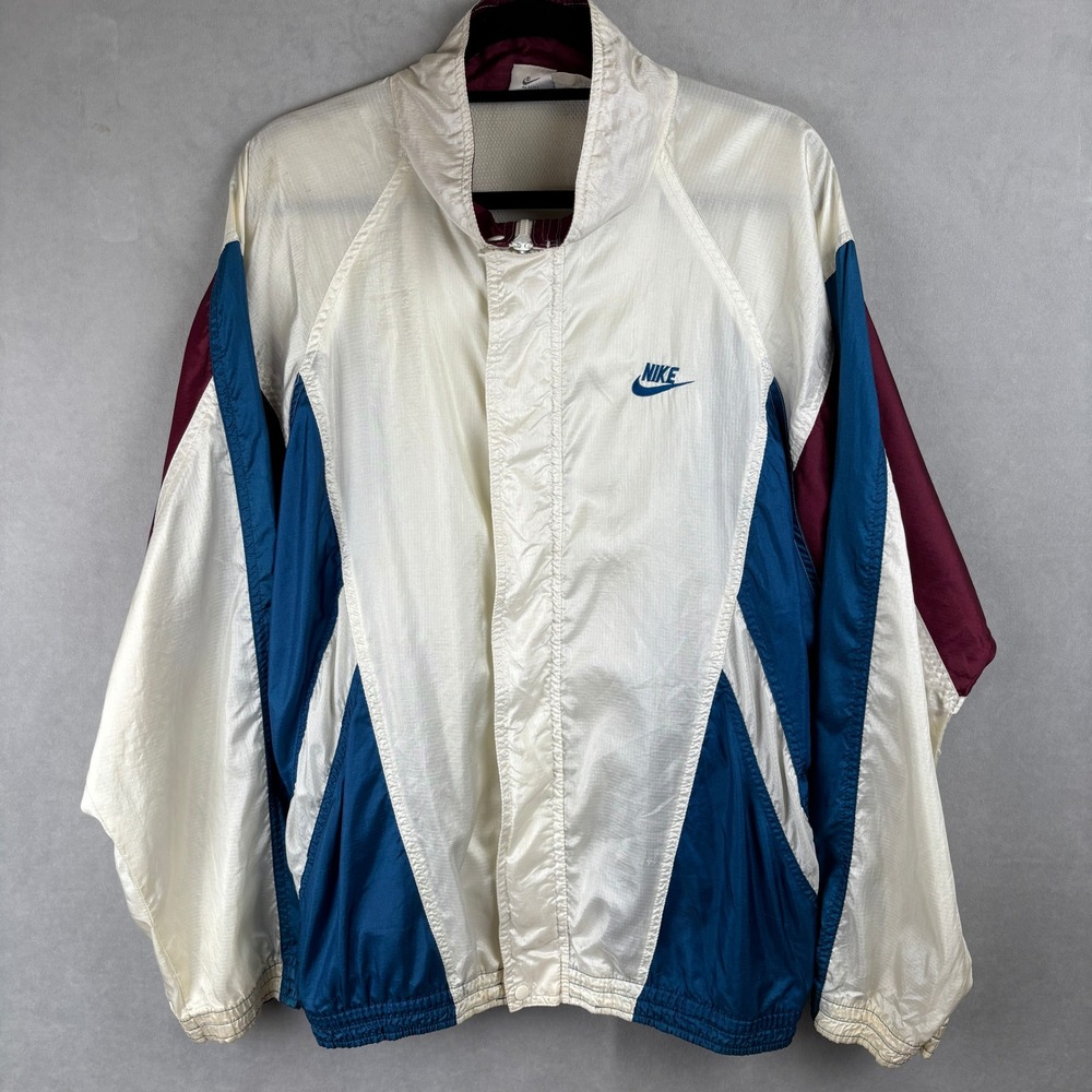 VTGโ Nike Windbreaker Jacket Mens L Colorblock White Teal Burgundy 90s Nostalgia